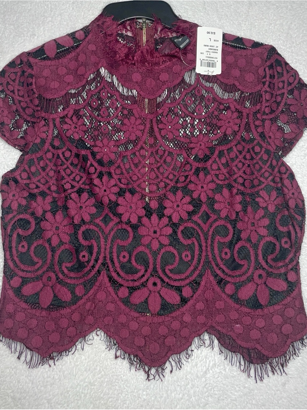 Windsor Burgundy Crop Floral Lace Overlay Blouse